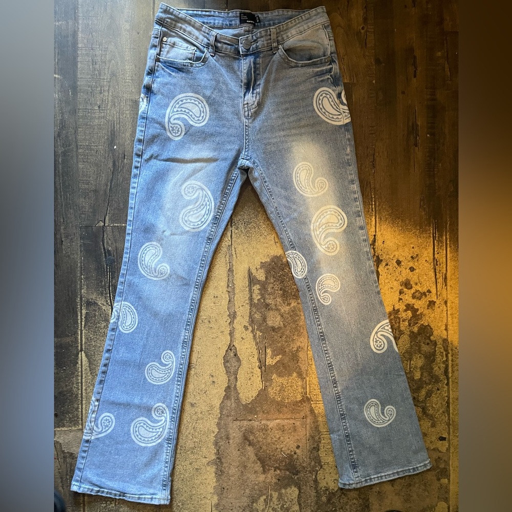 EPTM Bleached Paisley Flare Denim-BLUE, SIZE: M/32